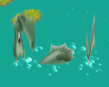 an ingame screenshot of wandering willows. a sea monster is seen in the ocean, but its head and tail are rendered sideways and significantly stretched out."